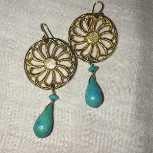 Gold tone and real turquoise drop earrings